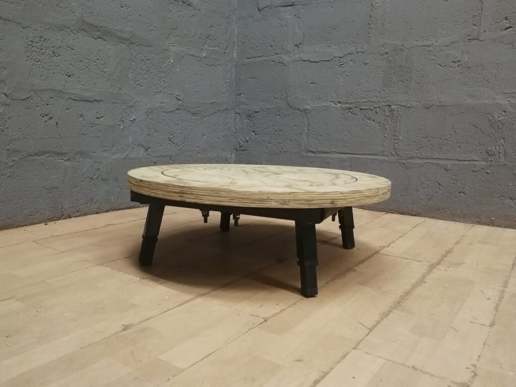 Low Round Wooden Platform / Display Stand on Short Black Legs — 80cm   (seller-measured)