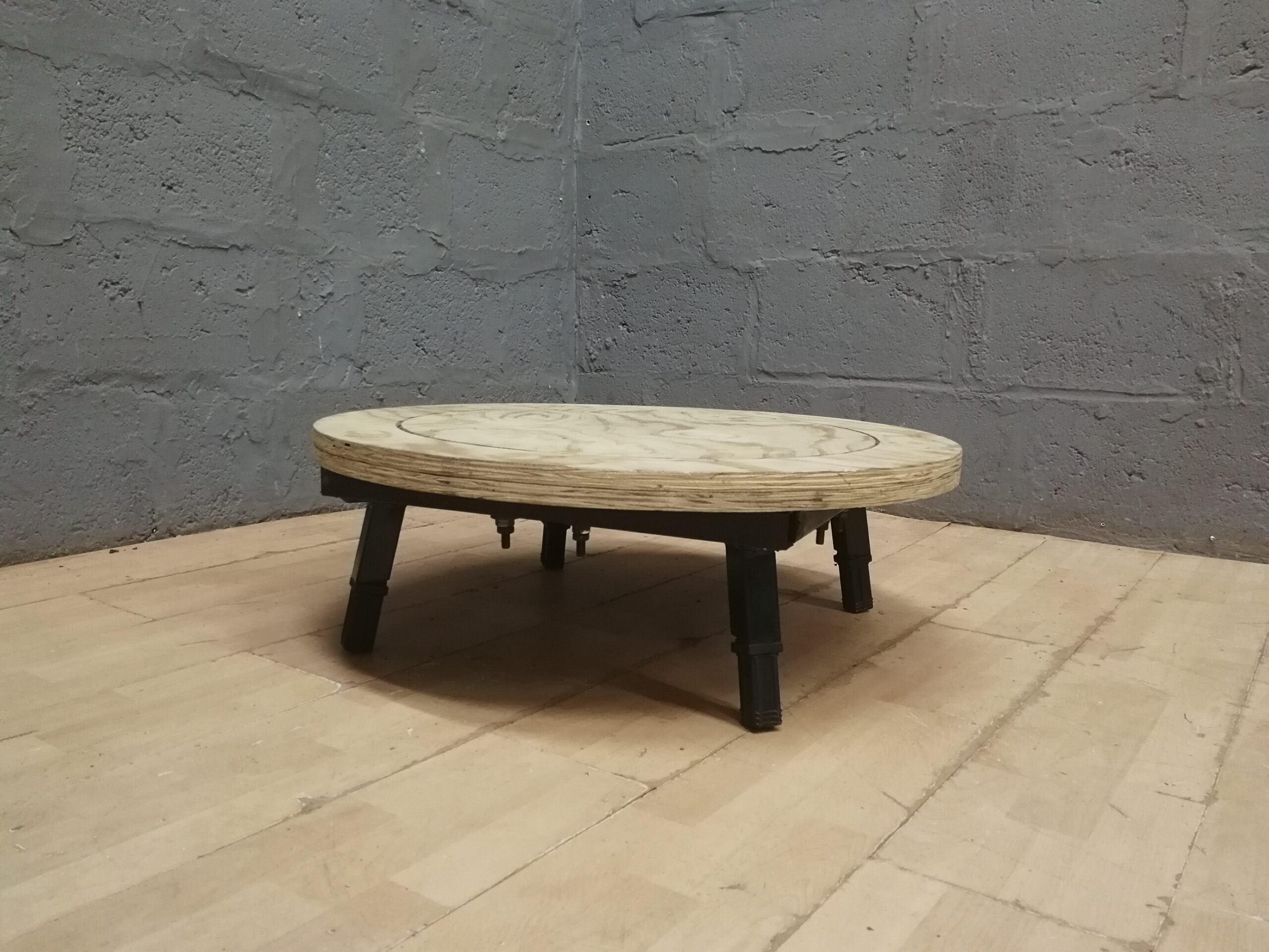 Low Round Wooden Platform / Display Stand on Short Black Legs — 80cm   (seller-measured)