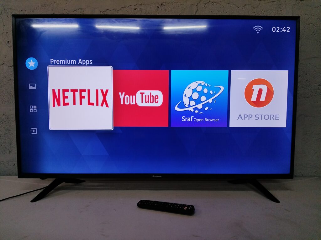 Hisense Smart LED TV (113cm x 72cm) – Powered on, remote & power cable