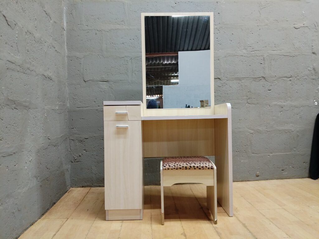 Light Wood-Look Vanity Table with Mirror & Leopard-Print Stool — 1 Set