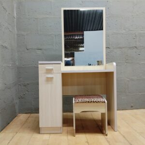 Light Wood-Look Vanity Table with Mirror & Leopard-Print Stool — 1 Set