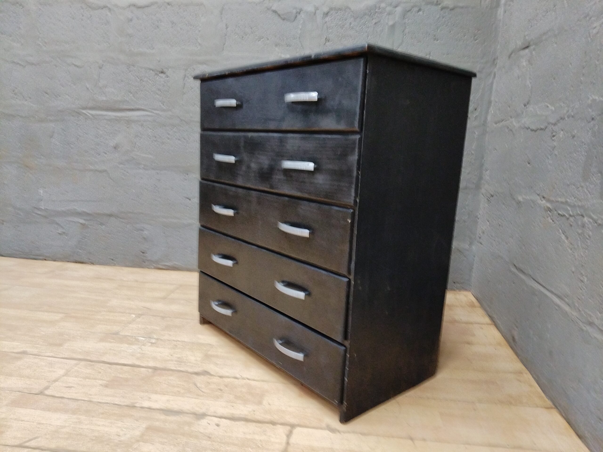 Black Five-Drawer Chest / Dresser with Silver Handles — Used, Repair-Visible
