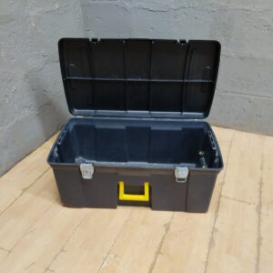 Used Plastic Toolbox with Hinged Lid, Yellow Handle & Metal Latches