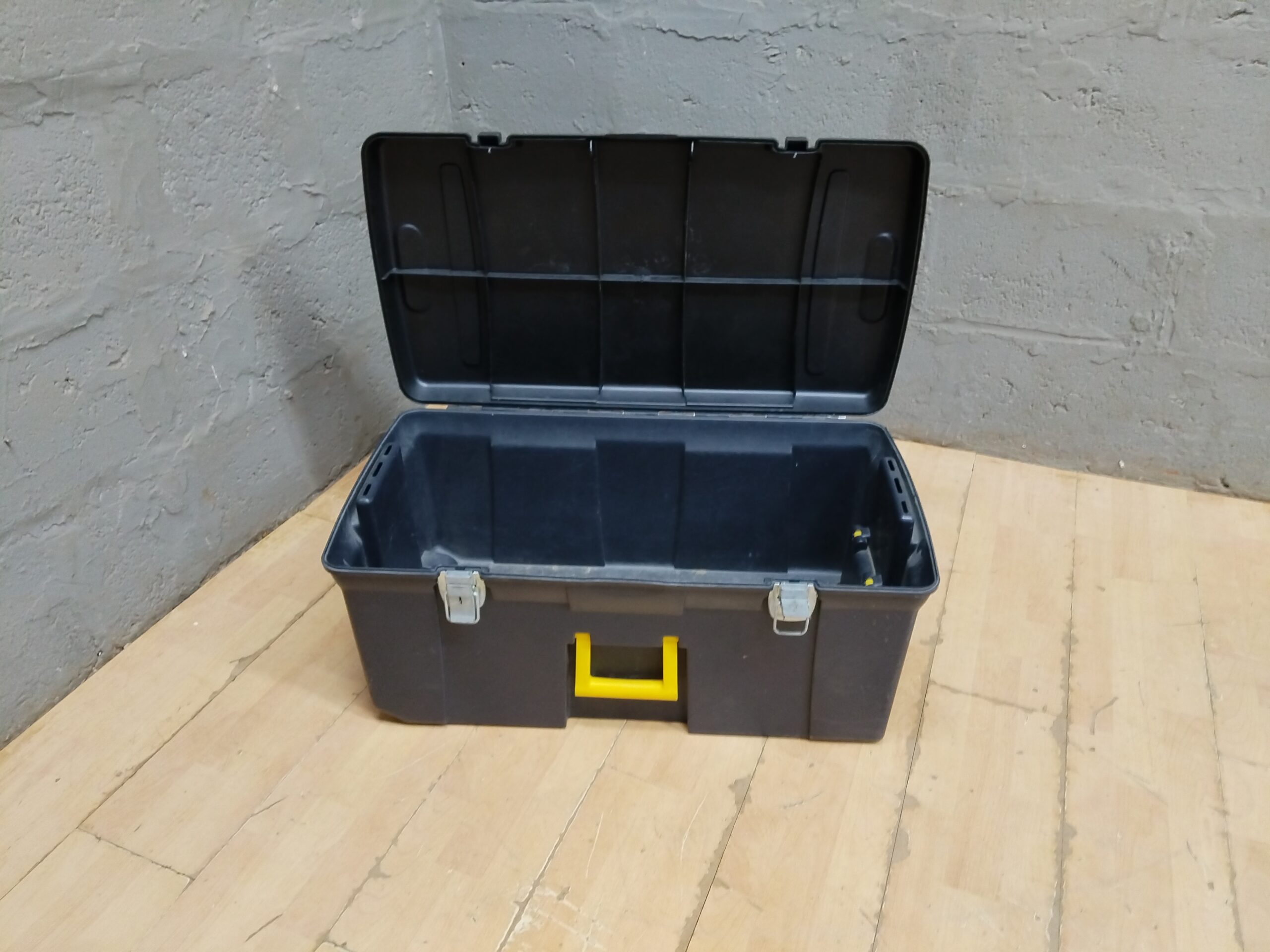 Used Plastic Toolbox with Hinged Lid, Yellow Handle & Metal Latches