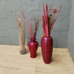 Set of 3 Decorative Vases with Dried Stems — Tall Ribbed Red, Short Red & Clear Glass