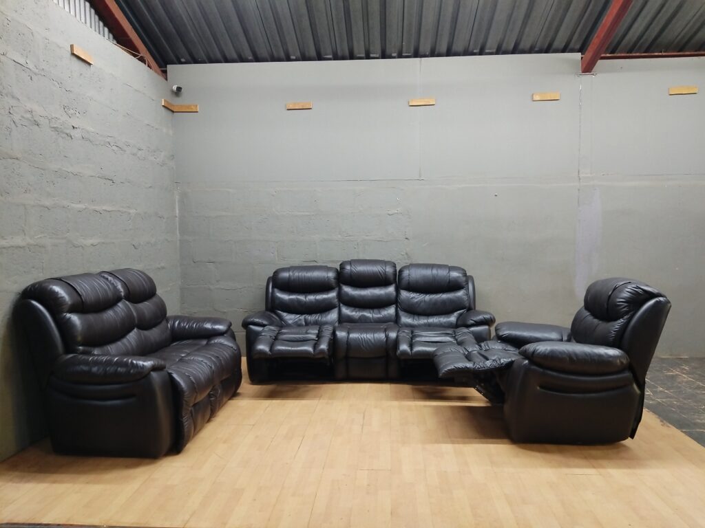 Three-Piece Dark Brown Reclining Sofa Set — 3-Seater, 2-Seater, Armchair (recliners)