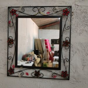 Decorative Floral Wall Mirror with Dark Metal-Look Frame & Red/Amber Gems