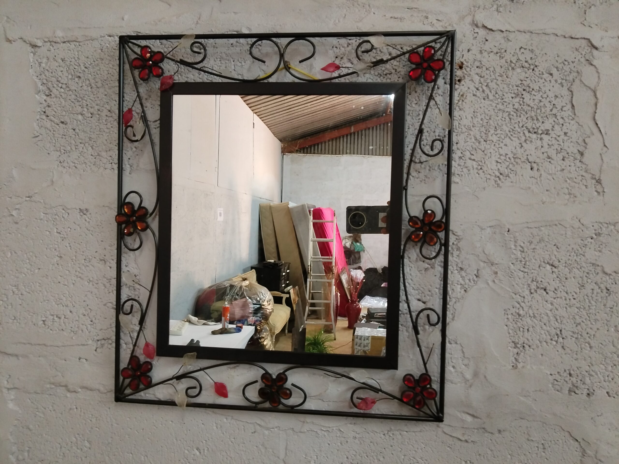 Decorative Floral Wall Mirror with Dark Metal-Look Frame & Red/Amber Gems