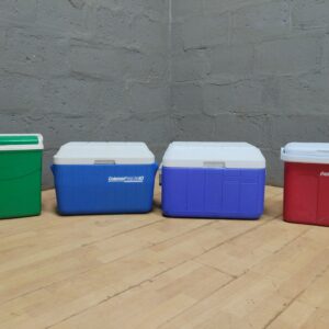 Lot of 4 Coleman-style Plastic Coolers (Blue, Red, Green) — Lids Included