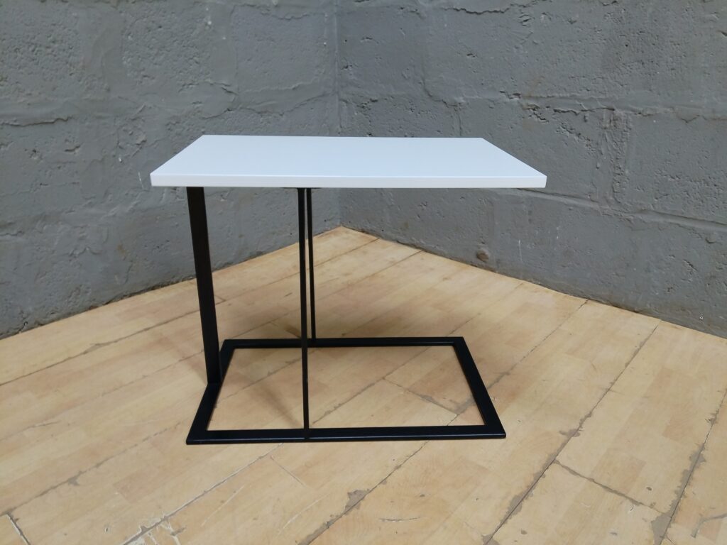 Small C-shaped Cantilever Side Table — White Top, Black Metal Base
