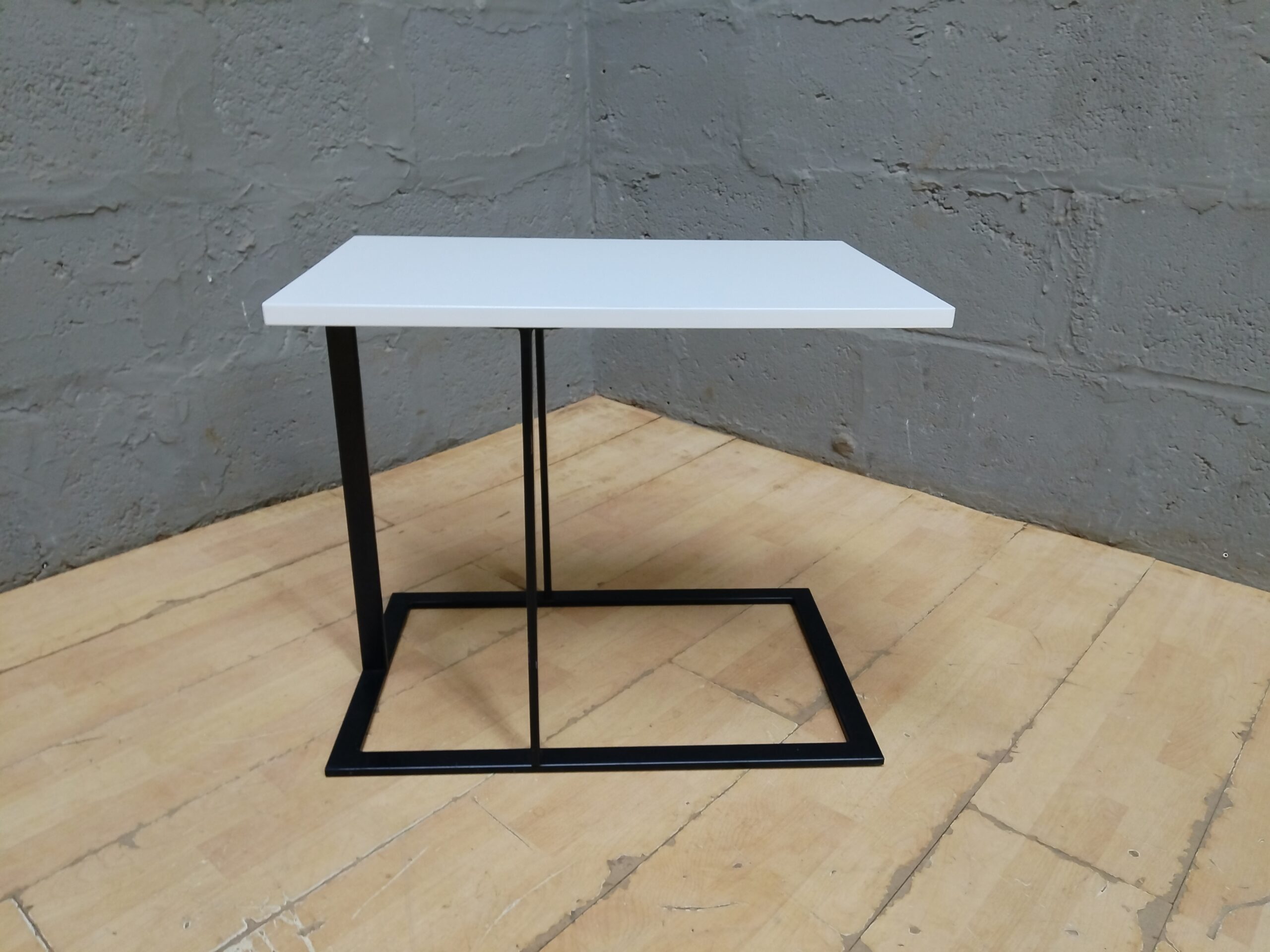Small C-shaped Cantilever Side Table — White Top, Black Metal Base