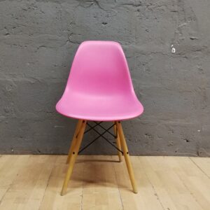 Pink Molded Plastic Side Chair with Wooden Legs & Metal Cross Supports