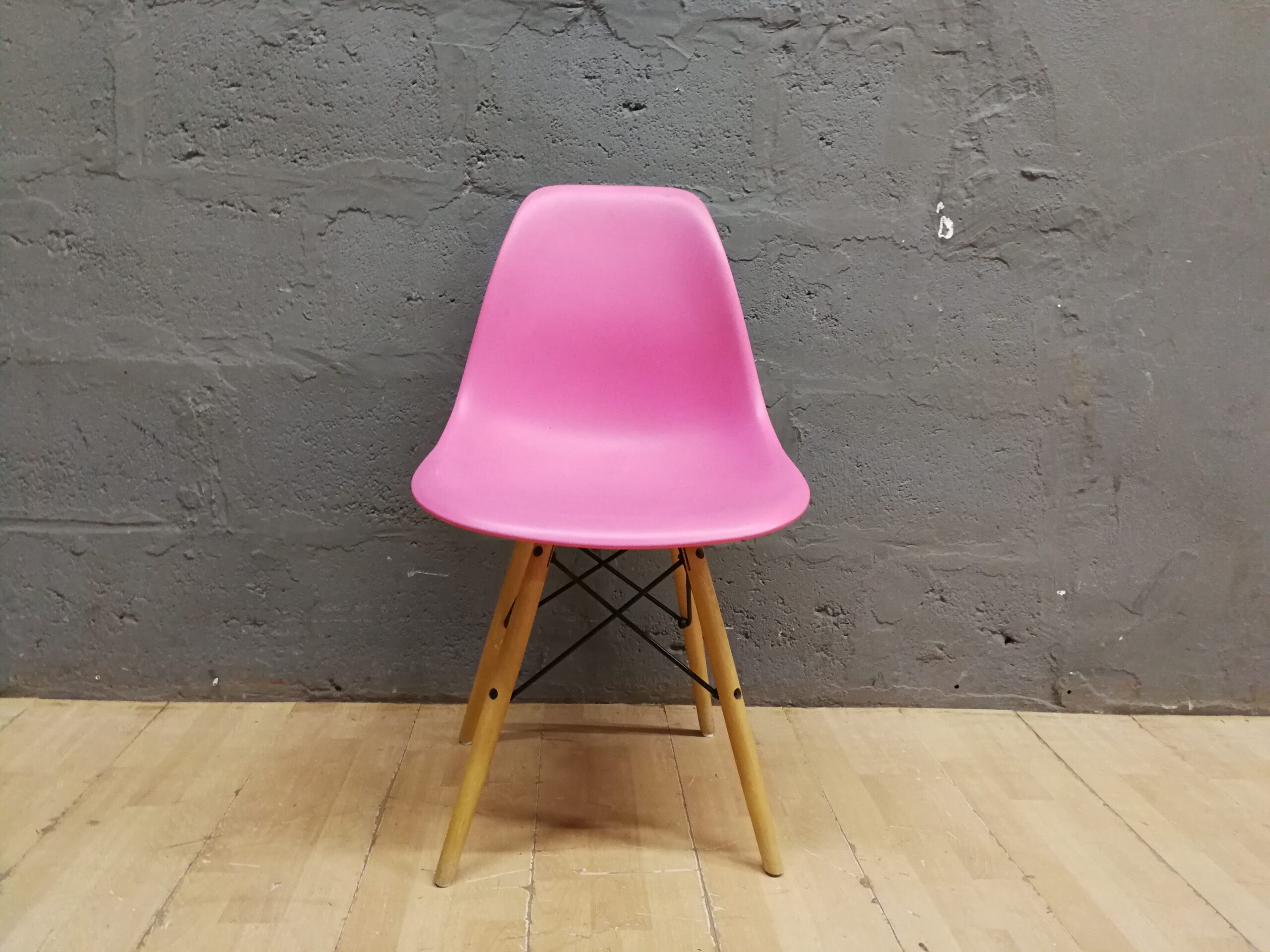 Pink Molded Plastic Side Chair with Wooden Legs & Metal Cross Supports