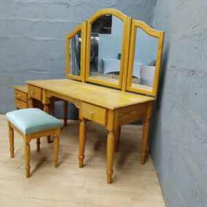 Light wood-finish dressing table set with tri-fold mirror, side table & stool