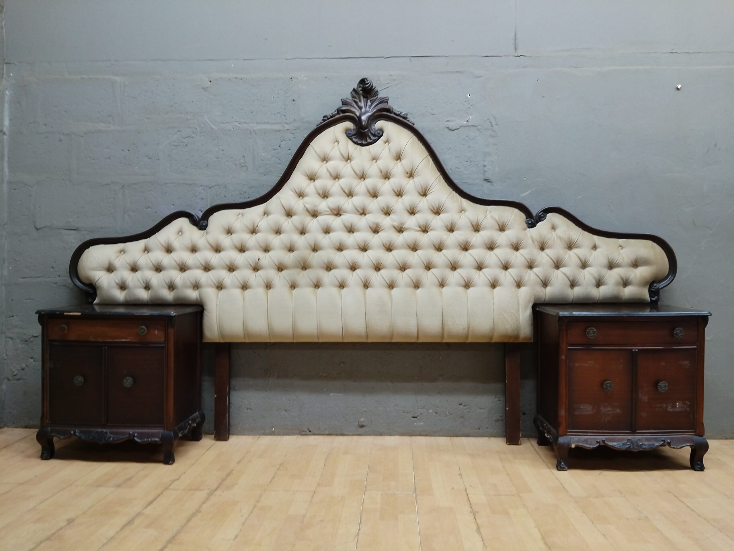 Tufted Upholstered Headboard with Wooden Side Cabinet / Nightstand (Bundle)
