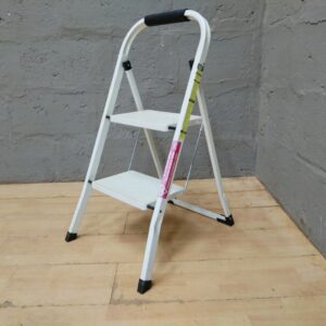 White Two-Step Folding Step Ladder — Compact, Lightweight Household Ladder