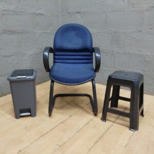 Blue Upholstered Cantilever Office Chair with Small Black Plastic Stool (Lot of 2)