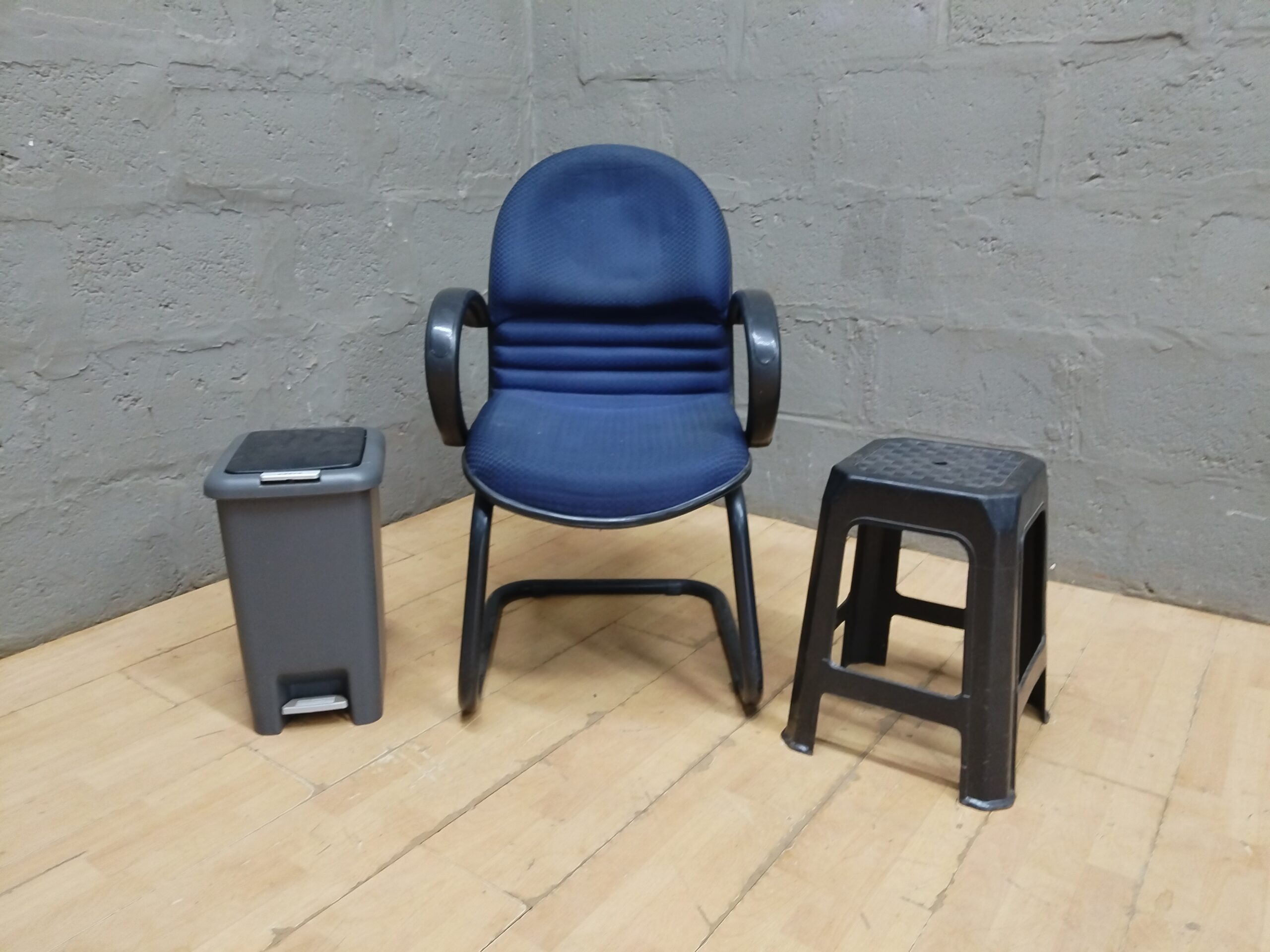 Blue Upholstered Cantilever Office Chair with Small Black Plastic Stool (Lot of 2)