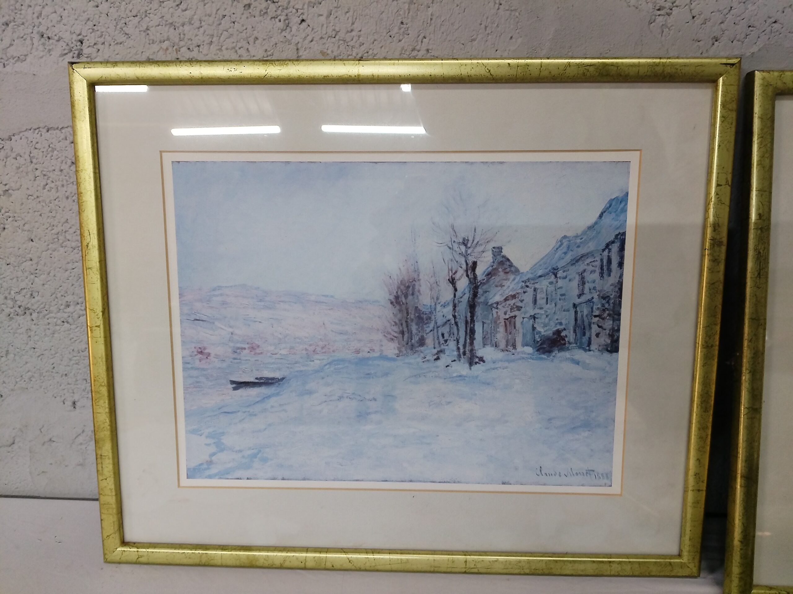 Pair of Gold-Framed Claude Monet Prints with Cream Mats & Glass