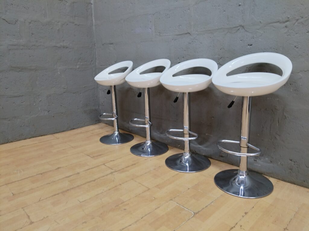 Set of 4 White Adjustable Bar Stools with Chrome Pedestal Bases