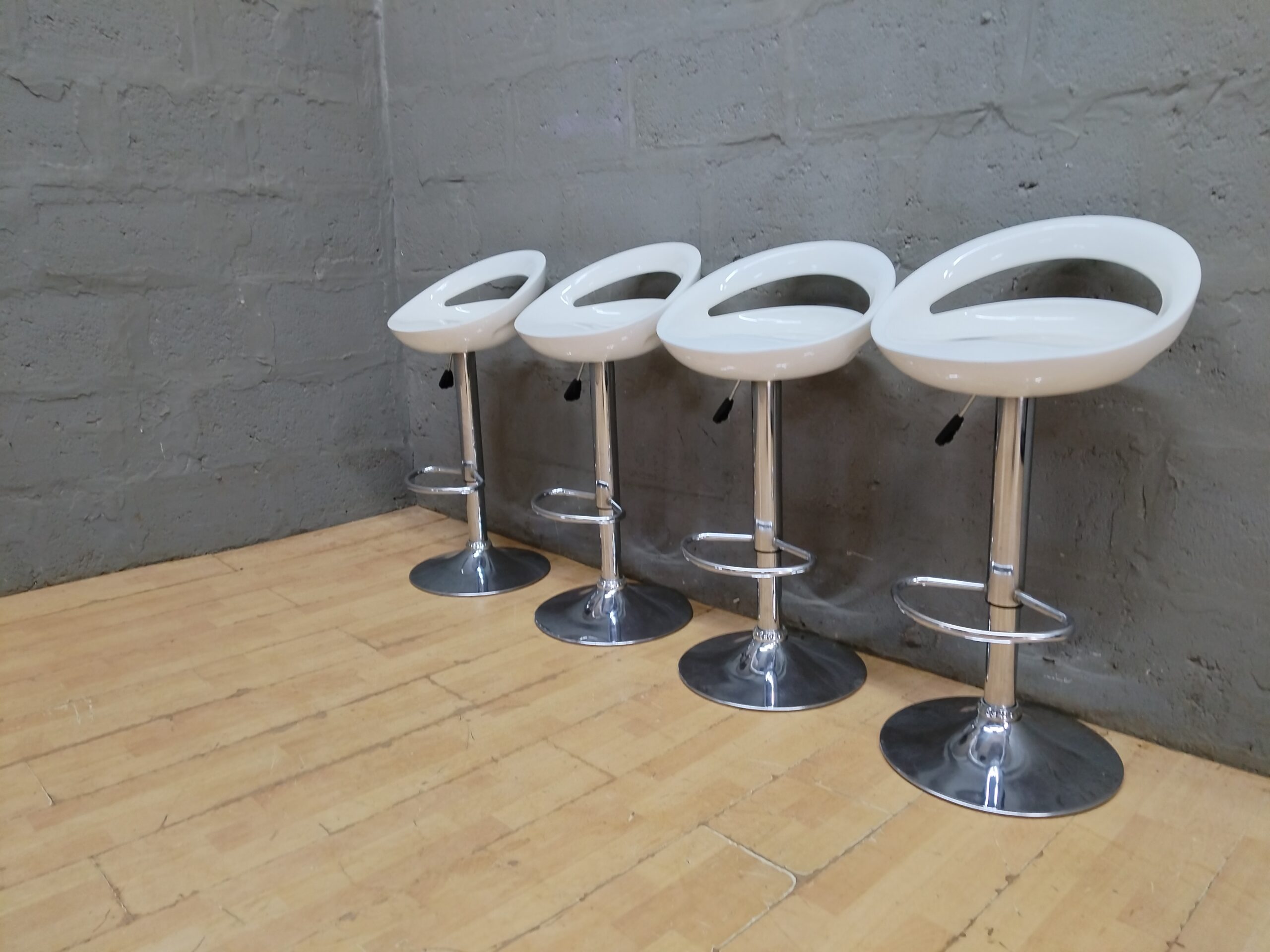 Set of 4 White Adjustable Bar Stools with Chrome Pedestal Bases