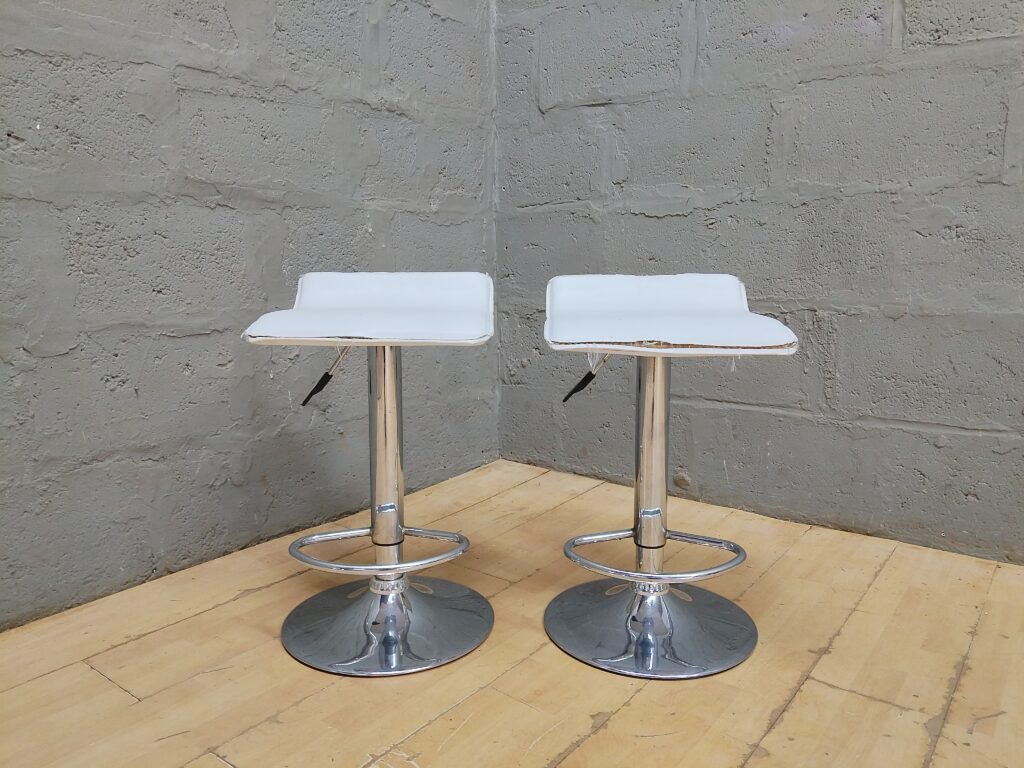 Pair of White Upholstered Bar Stools on Chrome Pedestal Bases (2)