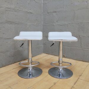 Pair of White Upholstered Bar Stools on Chrome Pedestal Bases (2)