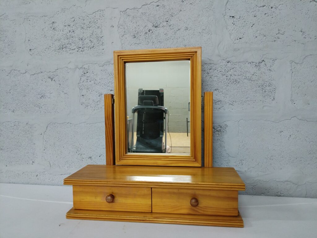 Freestanding Tabletop Dressing Mirror with Two Drawers — Light Brown Finish