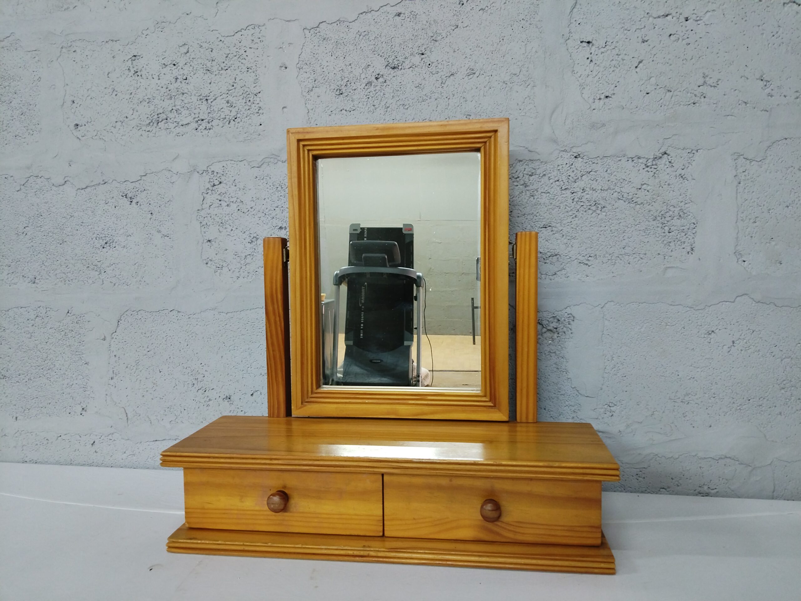 Freestanding Tabletop Dressing Mirror with Two Drawers — Light Brown Finish