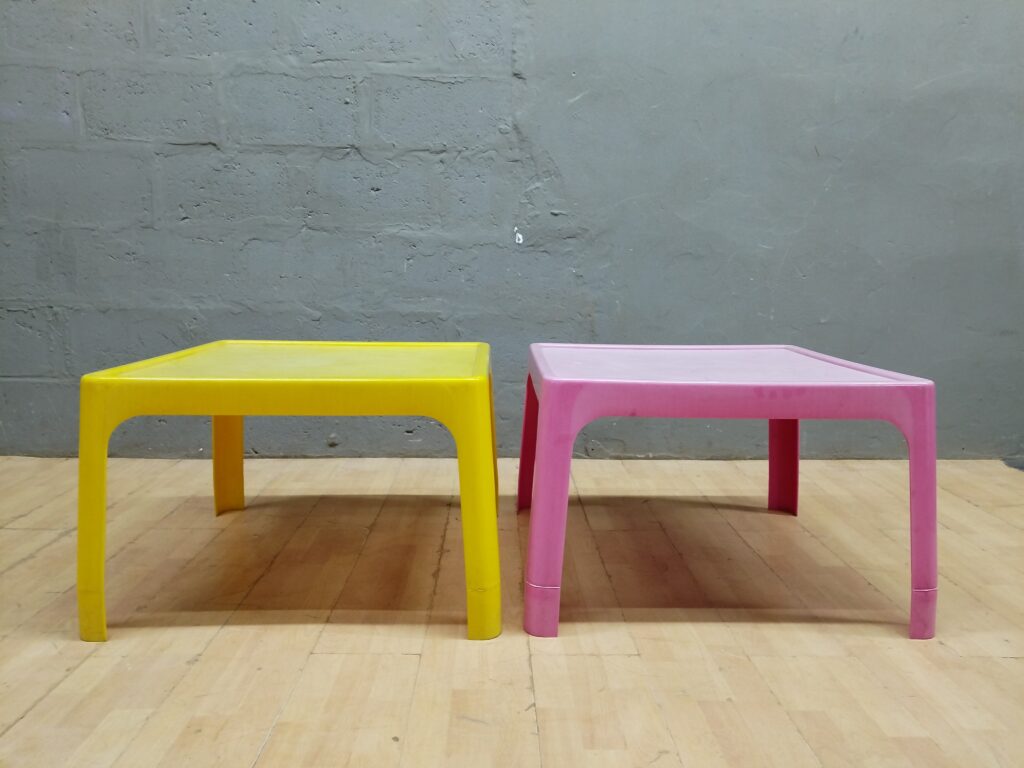 Pair of Square Low Plastic Tables (yellow & pink) – Set of 2