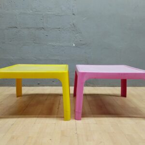 Pair of Square Low Plastic Tables (yellow & pink) - Set of 2