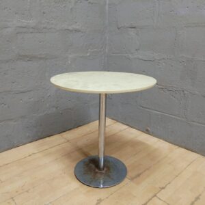 Round Pedestal Side Table — Metal Base, Light Beige Top, Rusted Base