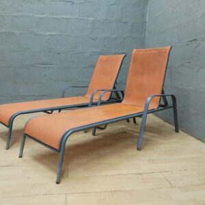 Pair of Orange Sling Outdoor Sun Loungers with Grey Tubular Frames