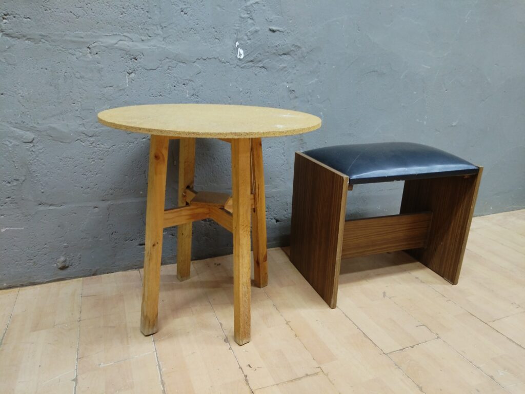 Pair of Small Wooden Stools with Padded Tops — 2-Unit Lot