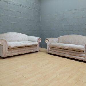 Pair of Beige/Tan Upholstered Two-Seat Sofas, Visible Stains & Discolouration