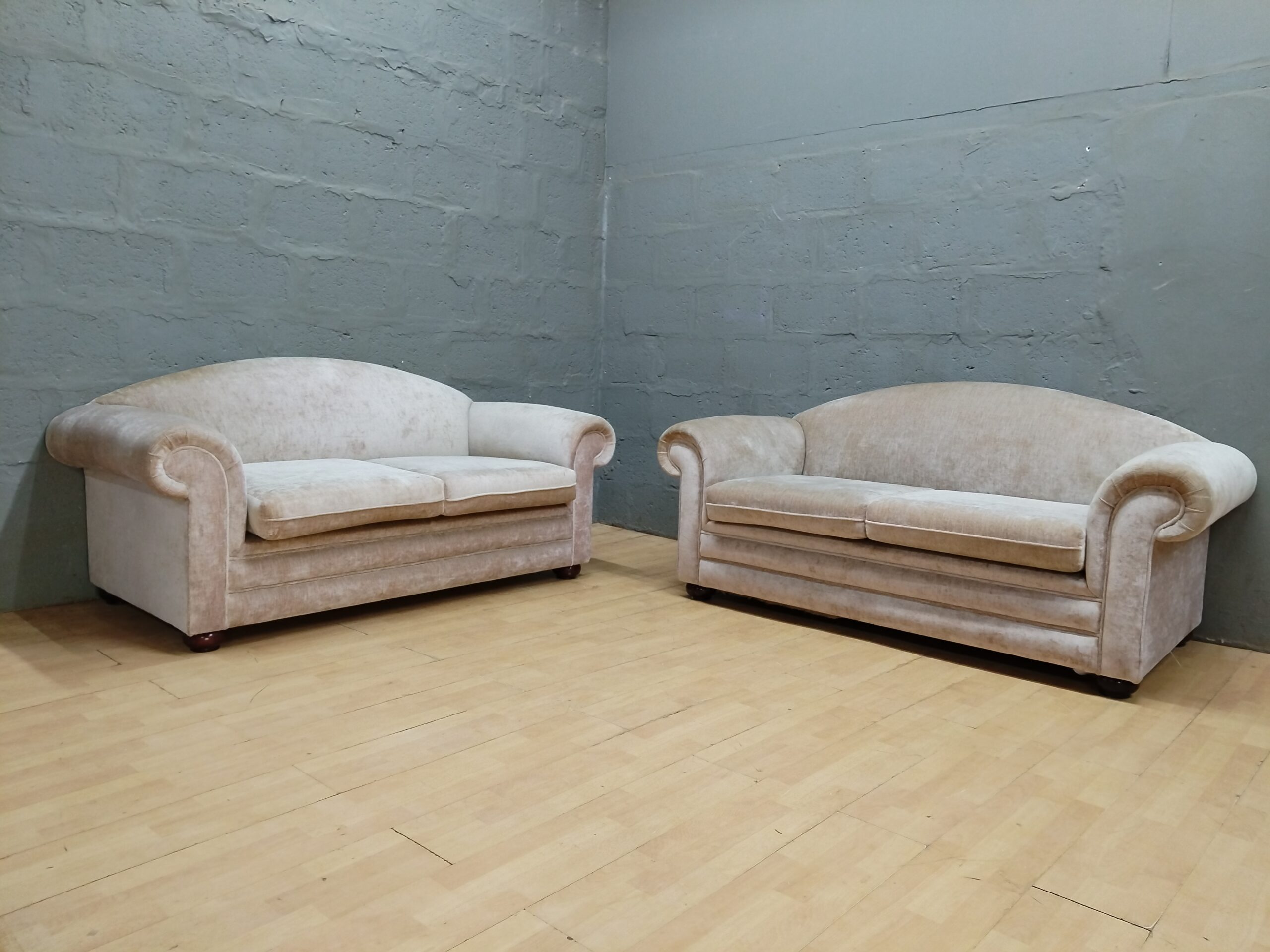 Pair of Beige/Tan Upholstered Two-Seat Sofas, Visible Stains & Discolouration