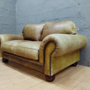 Two-seat Brown Leather-look Loveseat with Nailhead Trim & Wooden Feet