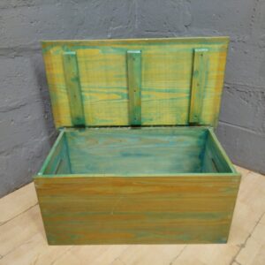 Painted Wooden Storage Chest / Trunk with Hinged Lid & Cut-Out Side Handles