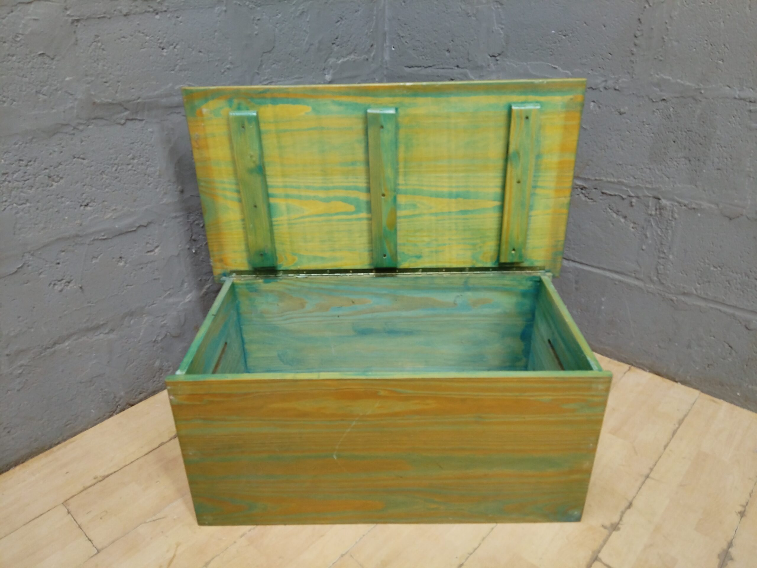 Painted Wooden Storage Chest / Trunk with Hinged Lid & Cut-Out Side Handles