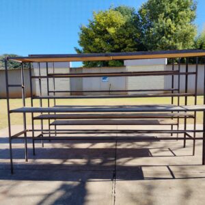 Set of Four Industrial Metal Standing Shelving Units (3 Long + 1 Small)