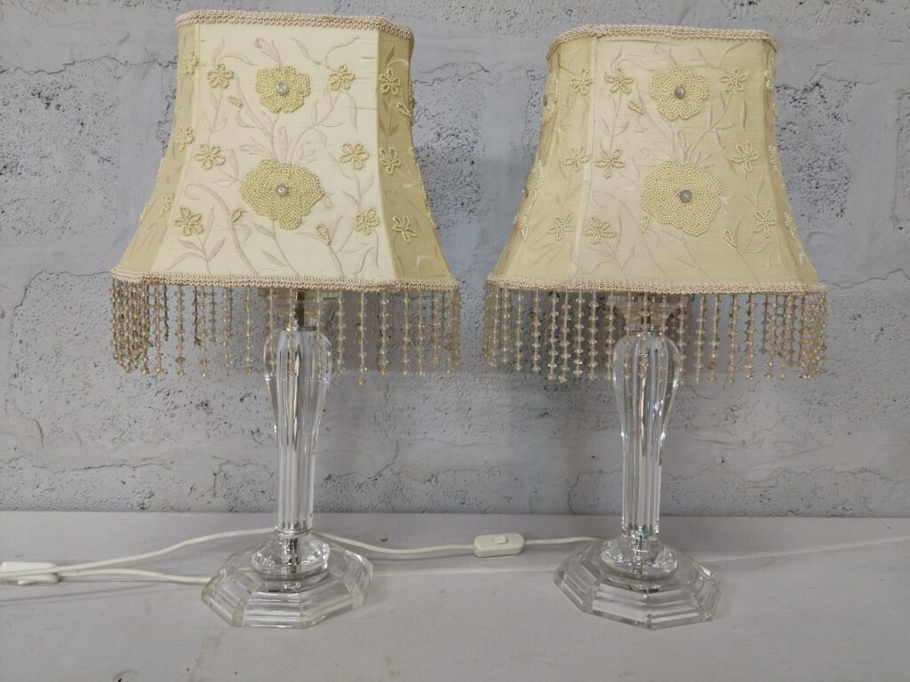 Pair of Decorative Table Lamps with Clear Pedestal Bases & Embroidered Shades