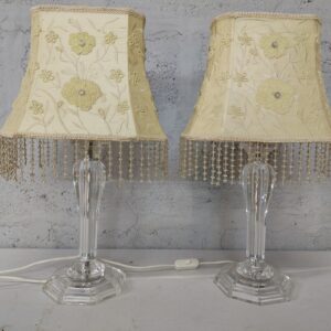 Pair of Decorative Table Lamps with Clear Pedestal Bases & Embroidered Shades