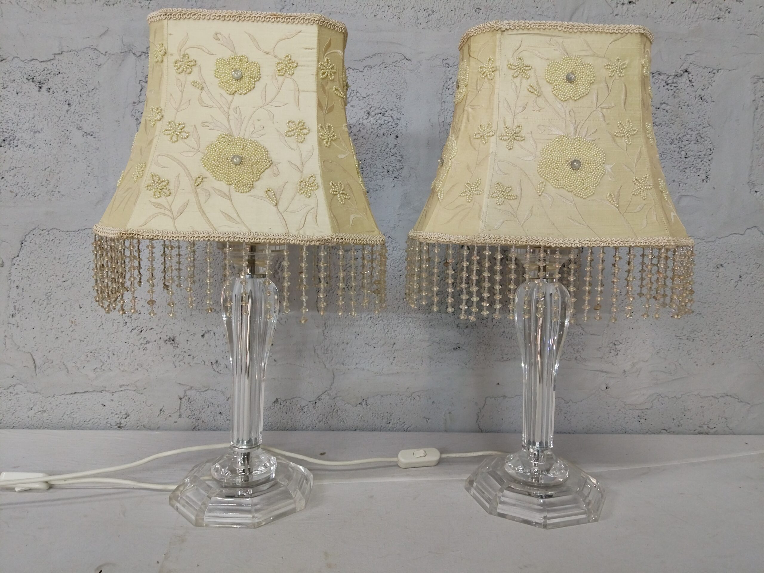 Pair of Decorative Table Lamps with Clear Pedestal Bases & Embroidered Shades