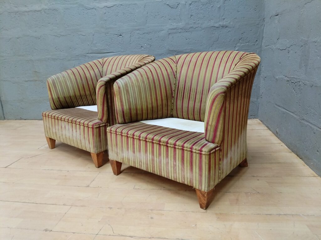 Pair of Upholstered Striped Chairs (Missing Seat Cushions)