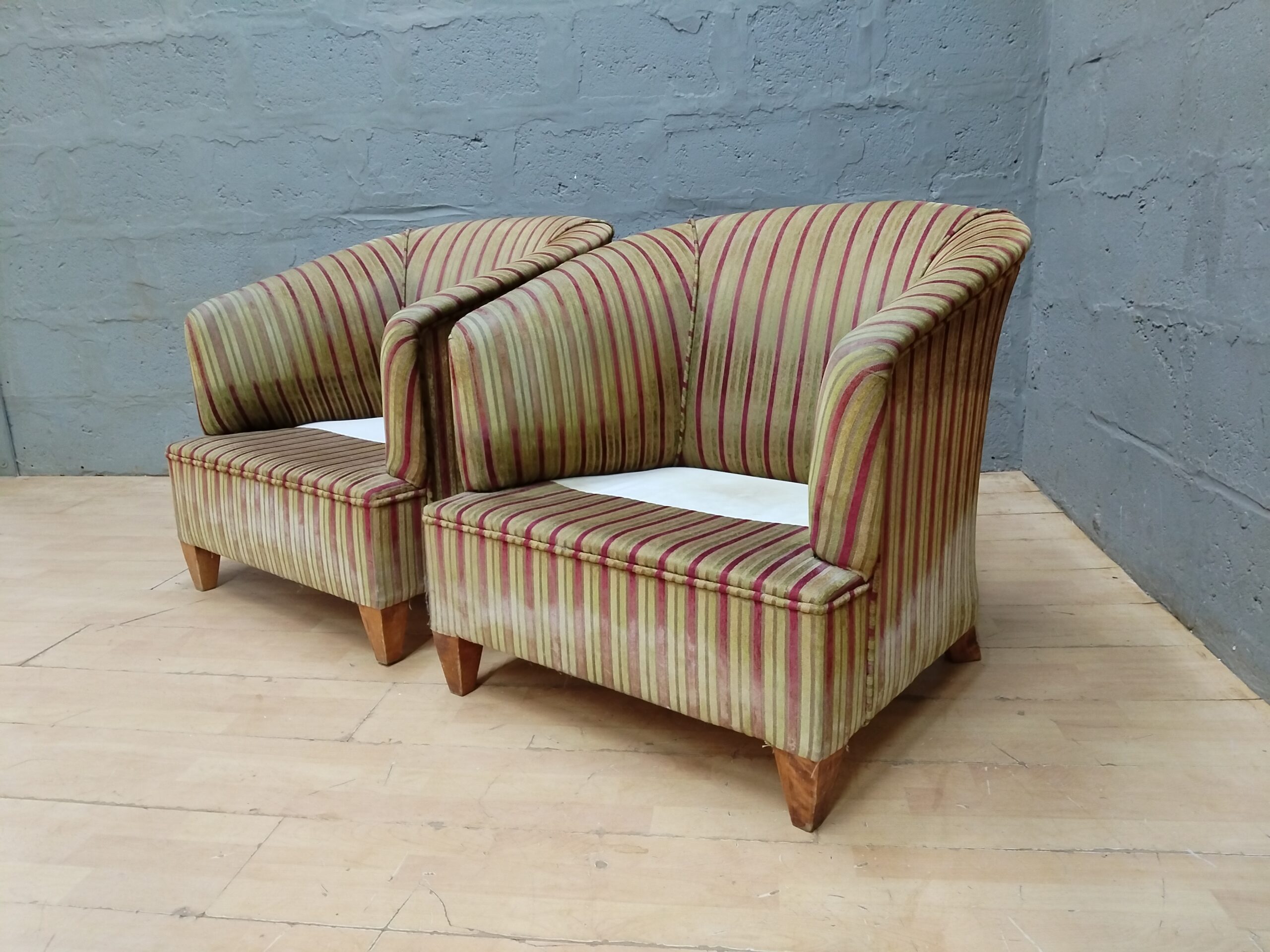 Pair of Upholstered Striped Chairs (Missing Seat Cushions)