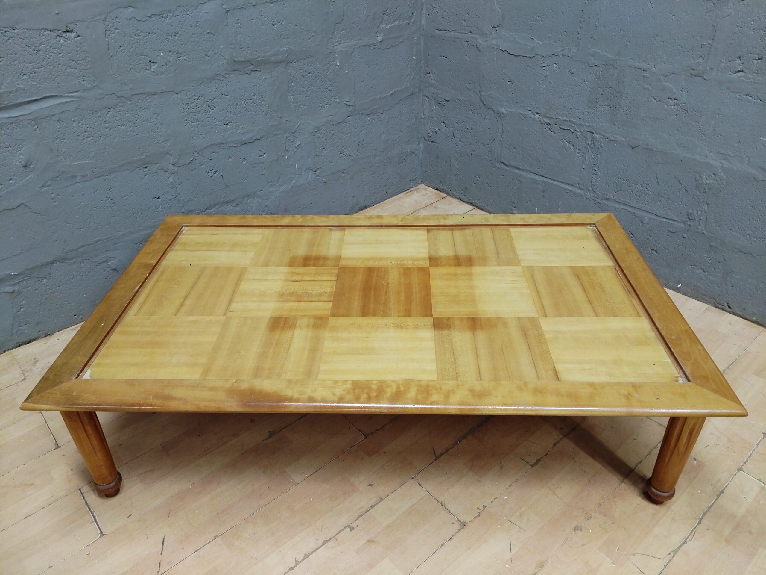 Low Rectangular Parquet-Top Coffee Table, 160 x 97 x 40 cm — Used, Chip & Surface Wear