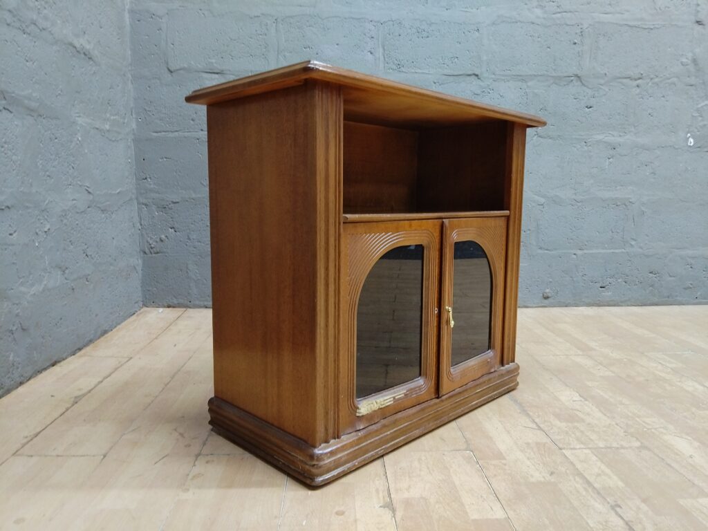 Small Wooden Cabinet/Cupboard with Two Glass-Front Doors and Open Shelf