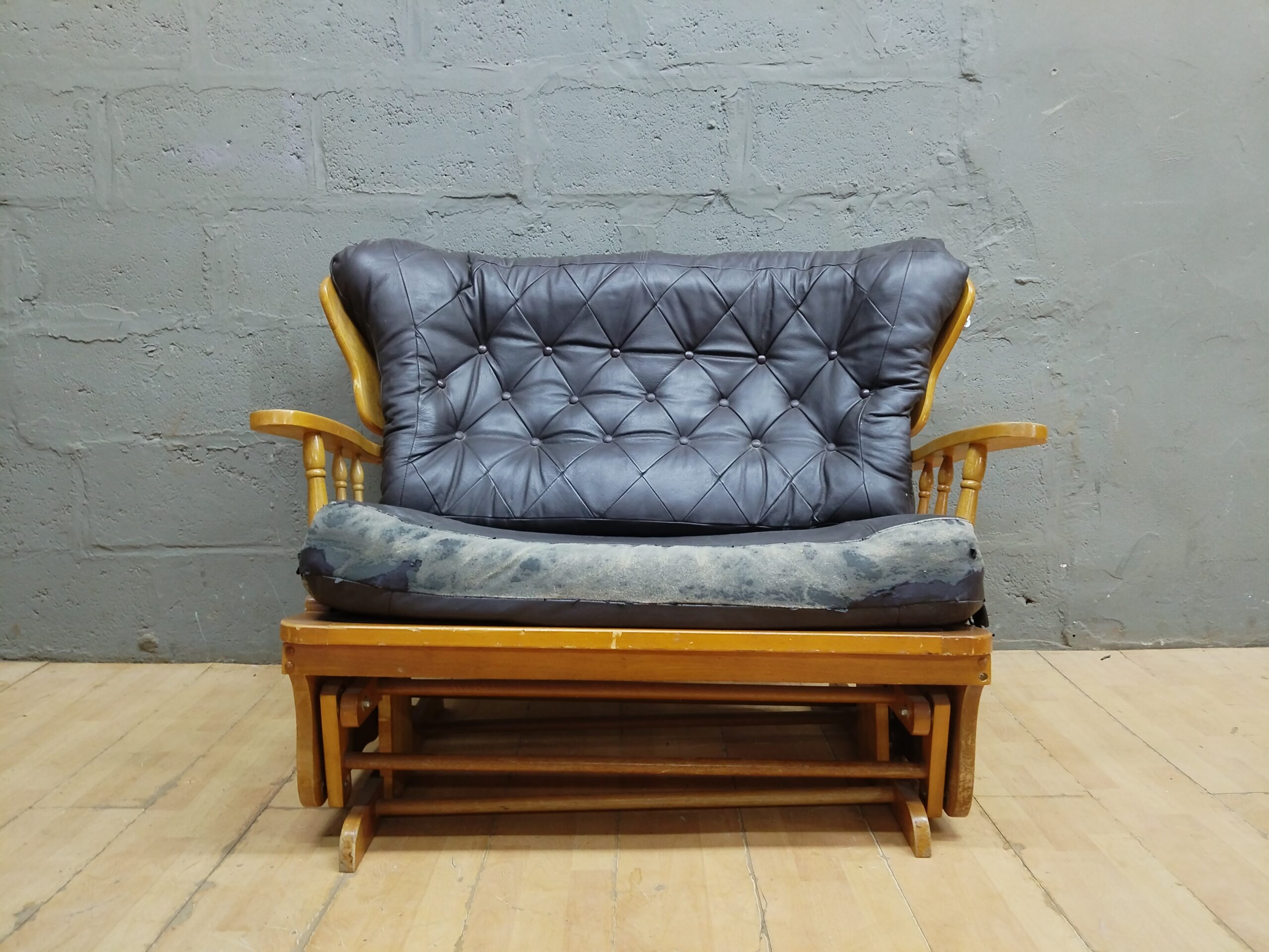 Used Wooden Rocking Bench / Small Loveseat with Dark Upholstery (124 x 55 x 90cm)