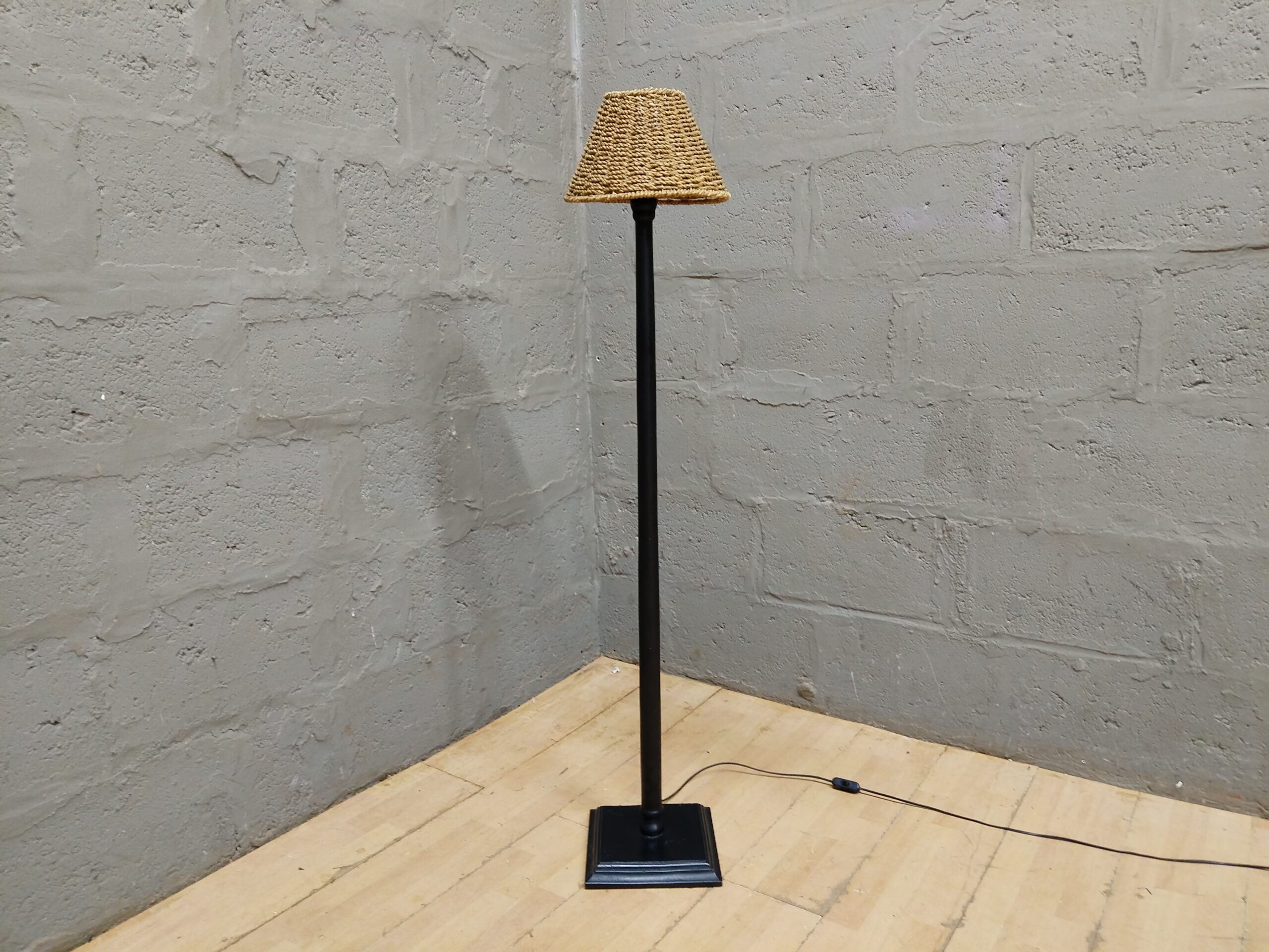 Standing Floor Lamp with Woven-Style Shade, Black Pole & Square Base, 137cm