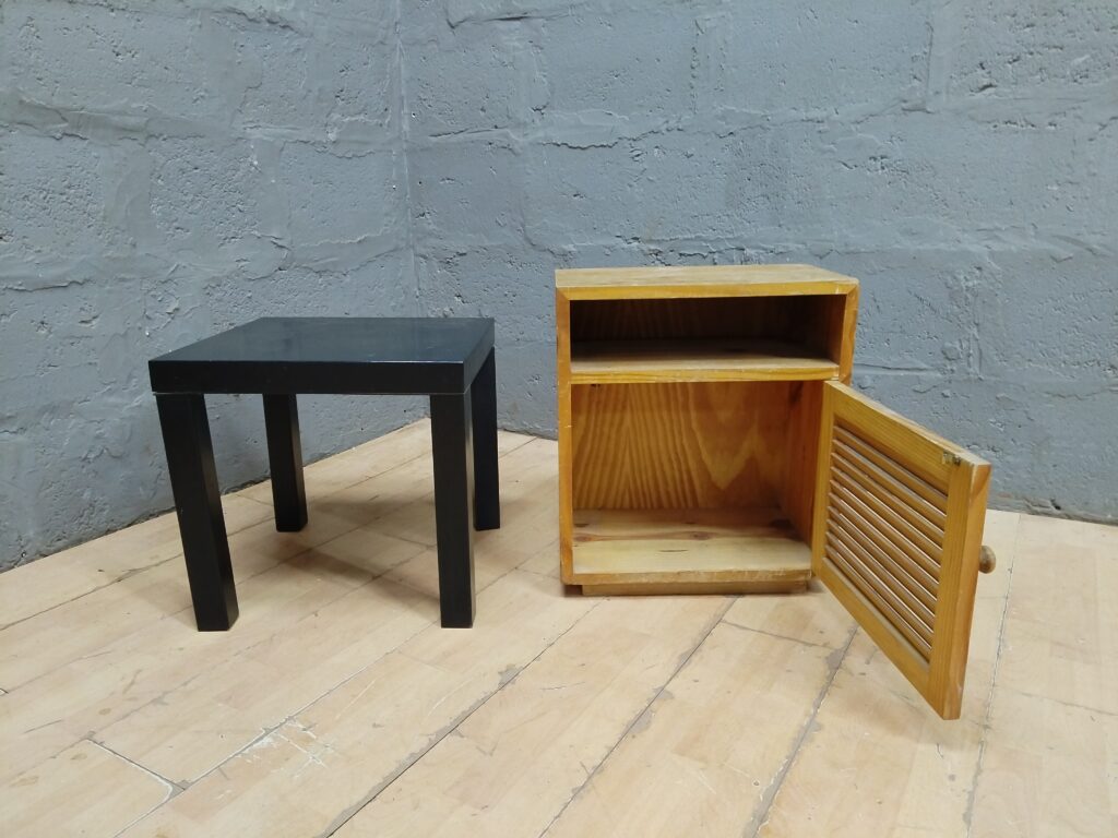 Pair: Small Black Square Side Table & Light-Wood Cabinet / Nightstand (2 pieces)
